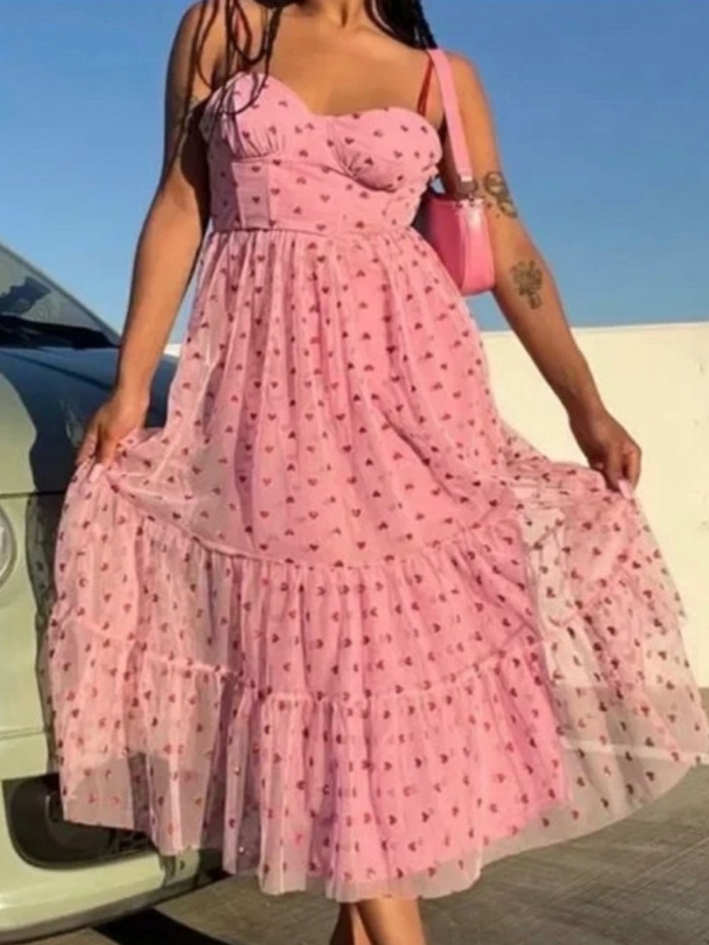 Betsey Johnson Pink Heart-Print Tiered Midi Dress - Picture 4 of 8